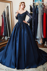 Navy A Line Prom Dress Long Sleeve Off the Shoulder Evening Dress With Lace Appliques
