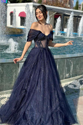Navy A Line Prom Dress Off the Shoulder Sequined Evening Dress