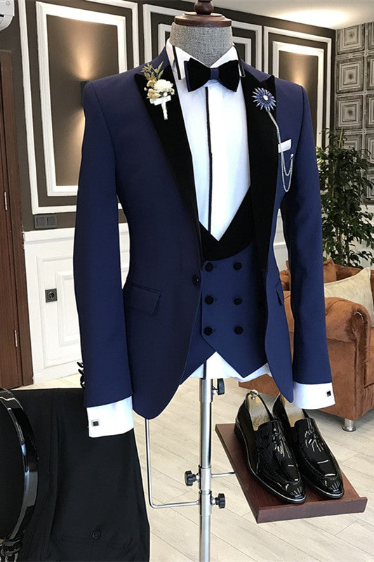 Navy Blue 3 Piece Business Suit with Black Peaked Lapel