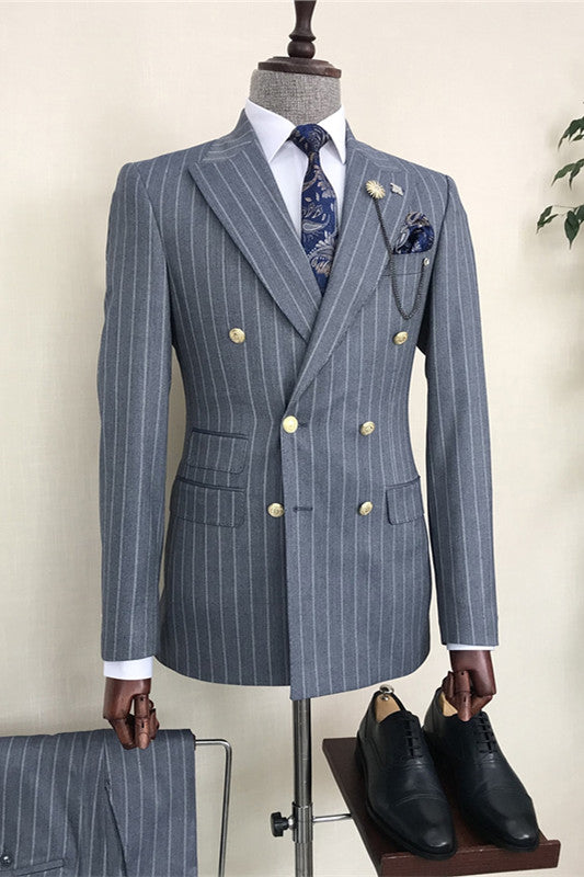 Navy Blue Double Breasted Peaked Lapel Business Suit