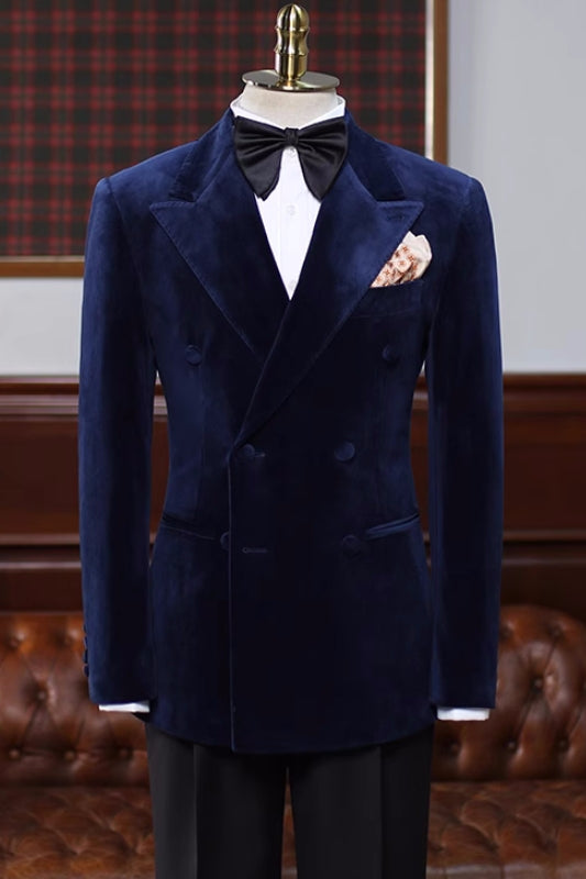 Navy Blue Double Breasted Velvet Peaked Lapel Prom Suit
