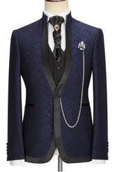 Navy Blue Jacquard Shawl Lapel 3 Piece New Arrival Wedding Suit