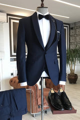 Navy Blue Shawl Lapel 3 Piece Wedding Suit