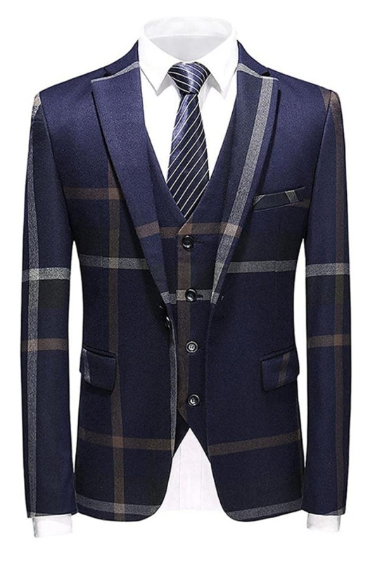 Navy Blue Three Piece Notched Lapel Business Suit for Men