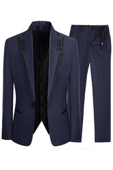 Navy Blue Three Piece Shawl Lapel Prom Suit