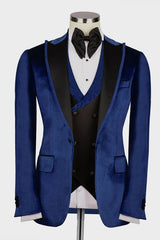 Navy Blue Three Piece Velvet Peaked Lapel Prom Suit