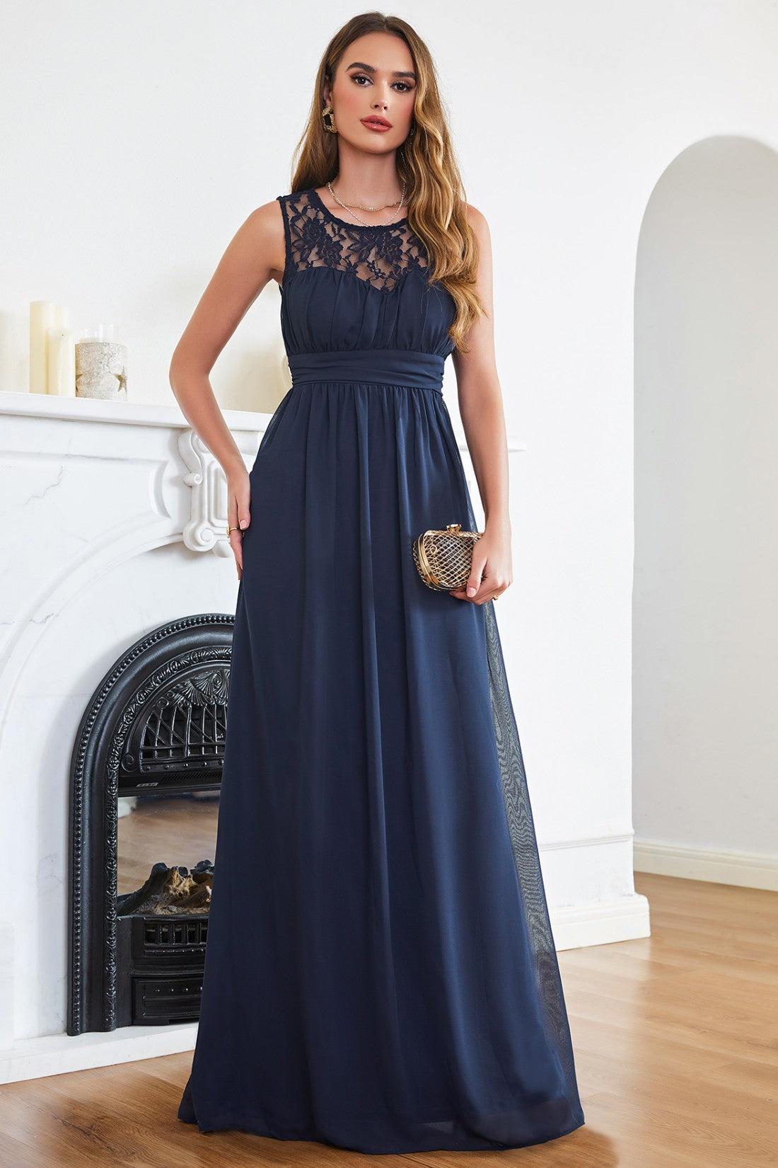 Dreamyannie Women Navy Bridesmaid Dress A-line Lace Sleeveless Lace Chiffon Prom Dress Dreamyannie UK Dreamyannie Women Navy Bridesmaid Dress A-line Lace Sleeveless Lace Chiffon Prom Dress Dreamyannie UK