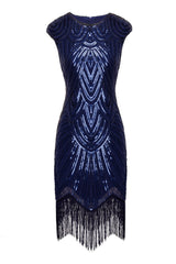 Navy Cape Sleeves Sequin Fringe Flapper 1920s Dress
