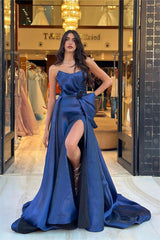 Navy Detachable Train Prom Dress Sleeveless Strapless Satin Evening Dress