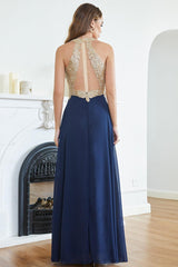 Navy Evening Dress V Neck Chiffon Bridesmaid Dress with Lace Appliques