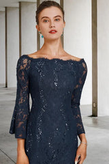 Navy Long Sleeves Mother of the Bride Dress Lace Wedding Guest Dress