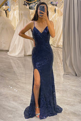 Navy Mermaid Long Prom Dress With Slit