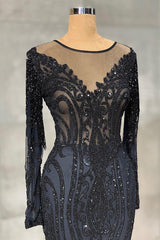 Navy Mermaid Prom Dress Long Sleeve Evening Dress With Lace Appliques