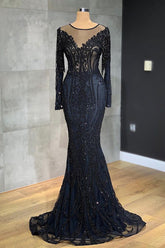 Navy Mermaid Prom Dress Long Sleeve Evening Dress With Lace Appliques