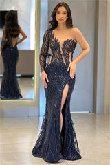 Navy Mermaid Prom Dress Long Sleeve One Shoulder Sequined Evening Dress