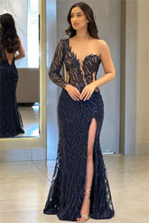 Navy Mermaid Prom Dress Long Sleeve One Shoulder Sequined Evening Dress