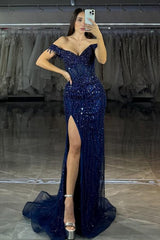 Navy Mermaid Prom Dress Off the Shoulder Beaded Evening Dress