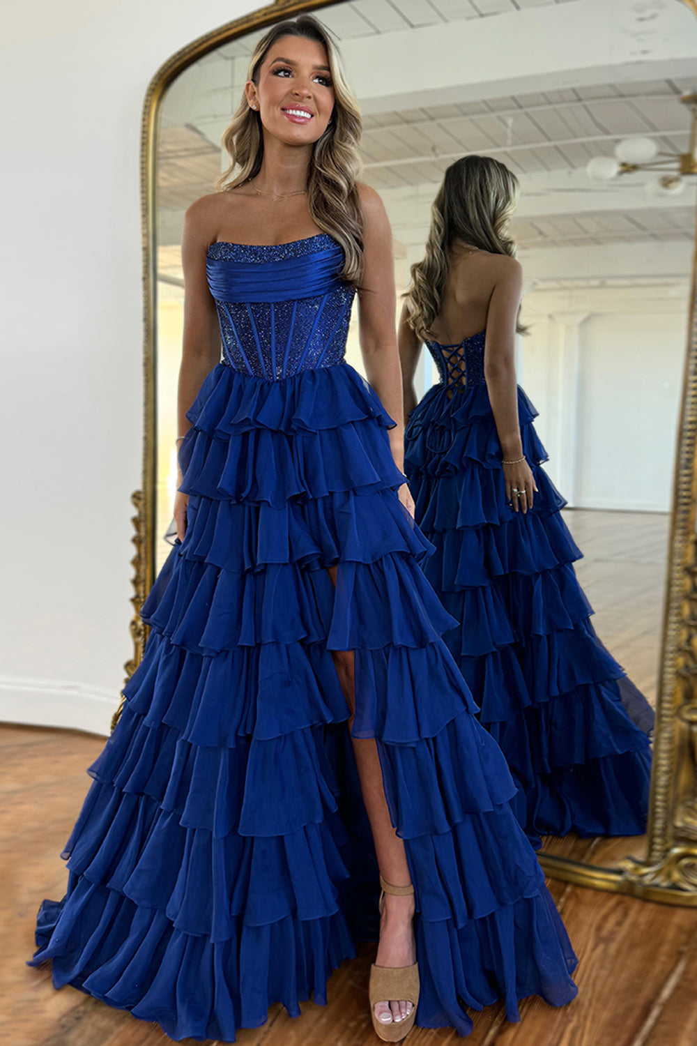 Navy Prom Dress A Line Strapless Corset Long Chiffon Formal Dress