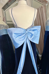 Navy Prom Dress Beaded Mermaid Long Velvet Evening Dress with Bowknot