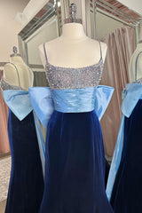 Navy Prom Dress Beaded Mermaid Long Velvet Evening Dress with Bowknot