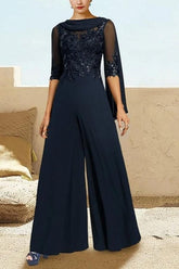 Navy Prom Dress Blue Prom Dress Jumpsuit Pantsuits Half Sleeves Chiffon Formal Dress With Appliques