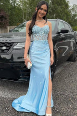 Navy Prom Dress Floral Corset Long Evening Dress with Slit
