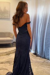 Navy Prom Dress Off The Shoulder Mermaid Long Lace Formal Dress