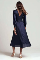 Navy V-Neck Satin Backless Ruched Midi Prom Dress With Sleeves