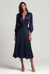Navy V-Neck Satin Backless Ruched Midi Prom Dress With Sleeves