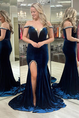 Navy Velvet Evening Dress Mermaid Off The Shoulder Christmas Party Dress With Slit