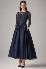 Navy Wedding Guest Dress Beaded A Line Long Sleeves Formal Dress With Lace