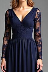Navy Wedding Guest Dress Chiffon V-Neck Long Formal Dress With Long Sleeves