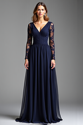 Navy Wedding Guest Dress Chiffon V-Neck Long Formal Dress With Long Sleeves