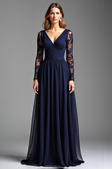 Navy Wedding Guest Dress Chiffon V-Neck Long Formal Dress With Long Sleeves