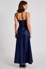 Navy Wedding Guest Dress Satin A Line Spaghetti Straps Long Evening Dress