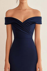 Navy Wedding Guest Dress Satin Long Off The Shoulder Mermaid Ruched Evening Dress