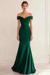 Navy Wedding Guest Dress Satin Long Off The Shoulder Mermaid Ruched Evening Dress