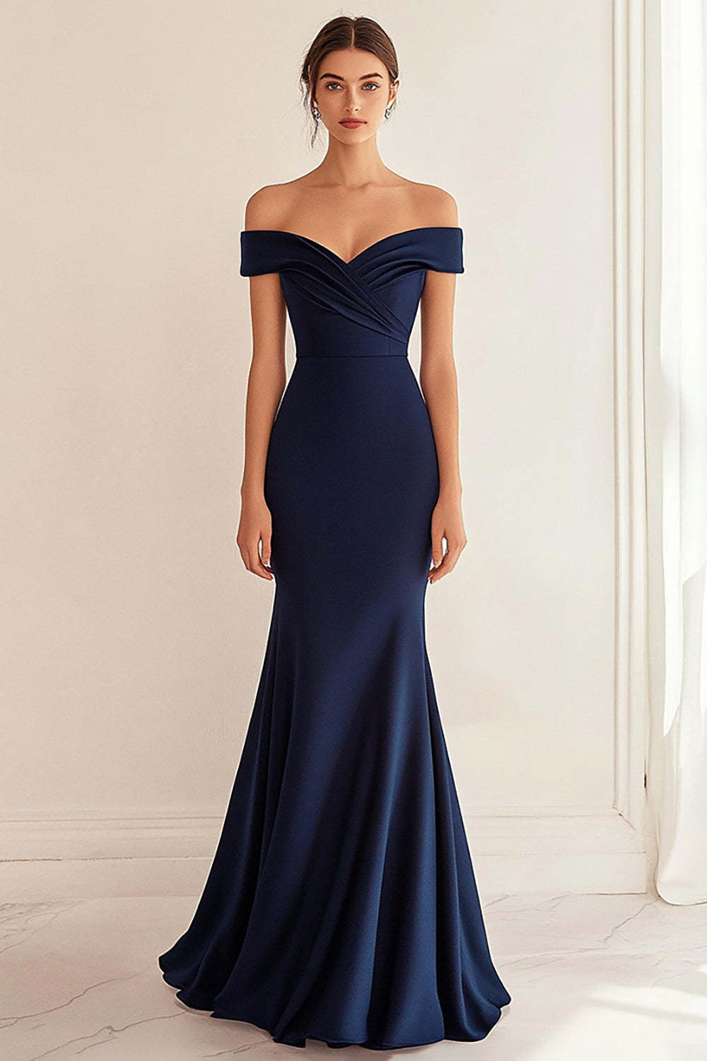 Navy Wedding Guest Dress Satin Long Off The Shoulder Mermaid Ruched Evening Dress