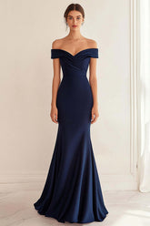 Navy Wedding Guest Dress Satin Long Off The Shoulder Mermaid Ruched Evening Dress