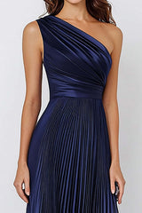 Navy Wedding Guest Dress Satin One Shoulder Long Pleated Mermaid Evening Dress