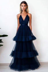 Navy Wedding Guest Dress Tulle Halter Long A Line Tiered Evening Dress With Ruffles