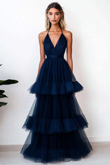Navy Wedding Guest Dress Tulle Halter Long A Line Tiered Evening Dress With Ruffles