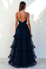 Navy Wedding Guest Dress Tulle Spaghetti Straps Tiered A Line Long Evening Dress
