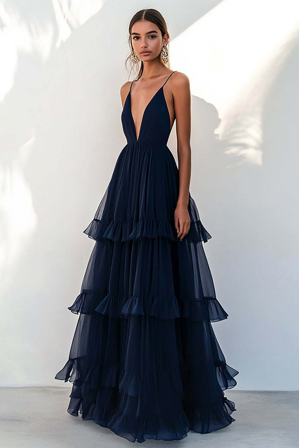 Navy Wedding Guest Dress Tulle Spaghetti Straps Tiered A Line Long Evening Dress