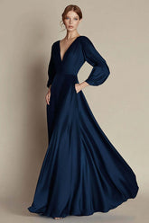 Navy Wedding Guest Dress V-Neck A Line Satin Long Evening Dress With Long Sleeves