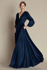 Navy Wedding Guest Dress V-Neck A Line Satin Long Evening Dress With Long Sleeves