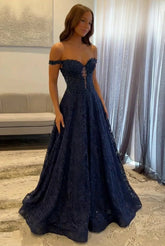 Navy Prom Dress Off The Shoulder A Line Long Lace Formal Dress