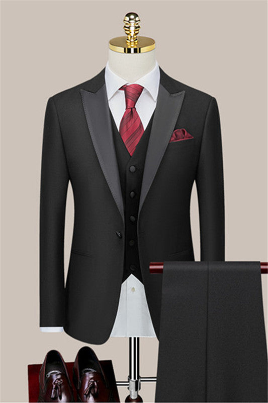 Newest Black Peaked Lapel 3 Piece Wedding Suit