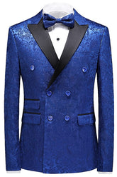 Newest Blue Jacquard Double Breasted 3 Piece Prom Suit
