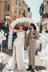 Obsessing Long White Wedding Dress One Shoulder Sleeveless Beading Bridal Gown With Slit